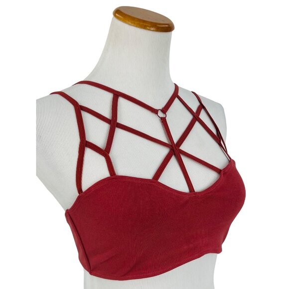 NWT Boutique Strappy Burnt Red Geometric Cutout Cage Front Crop Top Bralette - Picture 14 of 16